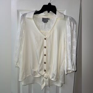 Anthropologie Vanessa Virginia White Embroidered Peasant Blouse Brown Buttons